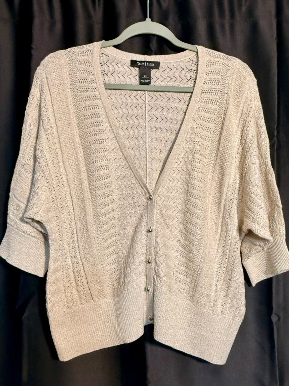 White House Black Market XL Metallic Shimmer Open Knit Cardigan Sweater Beige - Picture 5 of 7